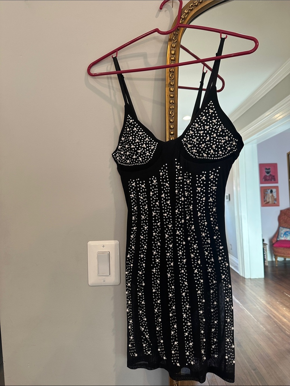 Black Embellished Spaghetti Strap Mini Dress